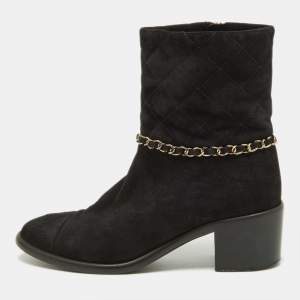Chanel Black Suede Chain Link Zip Ankle Boots Size 37