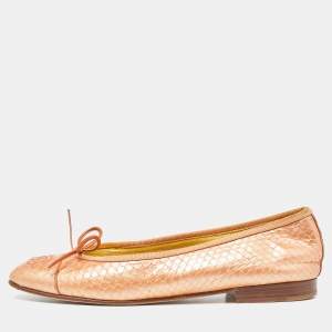 Pre Owned Chanel Pearl Orange Python CC Bow Ballet Flats Size 36.5