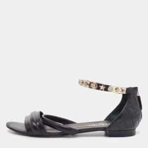 Chanel Black Leather Charm Embellished Ankle Strap Flat Sandals Size 41
