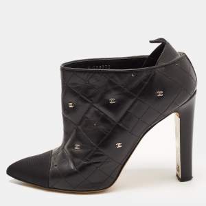 Chanel Black Leather Quilted Leather CC and Crystal Embellished Booties Size 39