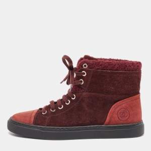 Pre Owned Chanel Burgundy Suede and Wool Trim CC High Top Sneakers Size 37.5