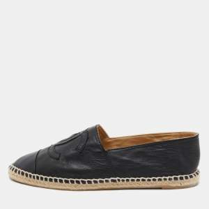 Chanel Black Leather CC Espadrille Flats Size 38