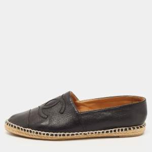 Chanel Black Leather CC Espadrille Flats Size 37