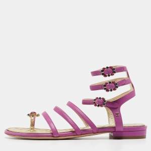 Chanel Purple Leather Embellished Toe Ring Ankle Strap Flat Sandals Size 36.5
