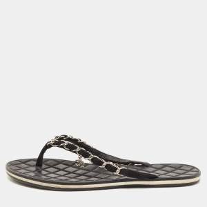 Pre Owned Chanel Black Suede Chain Detail Thong Flat Slides Size 37.5