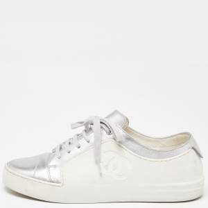Chanel White/Silver Rubber and Leather CC Low Top Sneakers Size 39