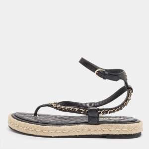 Chanel Black Leather Chain Link CC Espadrille Ankle Strap Thong Sandals Size 41