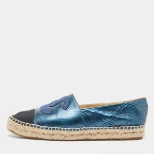 Chanel Blue/Black Leather and Canvas CC Cap Toe Espadrille Flats Size 38