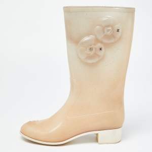 Chanel Cream Glitter Rubber CC Camellia Rain Boots Size 41