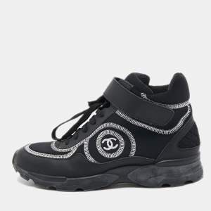 Pre Owned Chanel Black Leather and Neoprene CC High Top Sneakers Size 38