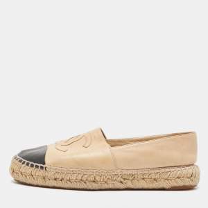 Chanel Beige/Black Leather CC Espadrille Flats Size 38