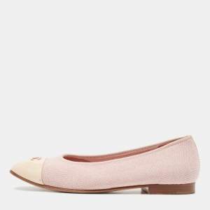 Chanel Pink/Beige Canvas and Patent Cap Toe CC Ballet Flats Size 37.5