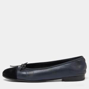 Chanel Metallic Blue/Black Leather and Velvet CC Cap-Toe Bow Ballet Flats Size 40.5