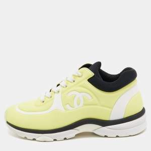 Chanel Neon Yellow/Black Lycra CC Low Top Sneakers Size 36.5