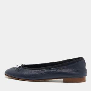 Chanel Navy Blue Leather CC Cap Toe Ballet Flats Size 39