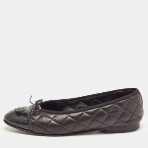 Chanel Black Quilted Leather and Patent CC Cap Toe Bow Ballet Flats Size 37.5