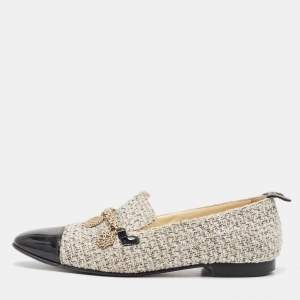 Chanel Beige/Black Tweed and Patent Chain-Link Loafers Size 37.5
