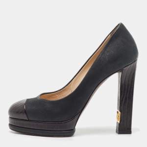 Pre Owned Chanel Black Nubuck Leather Cap Toe Block Heel  Pumps Size 36.5