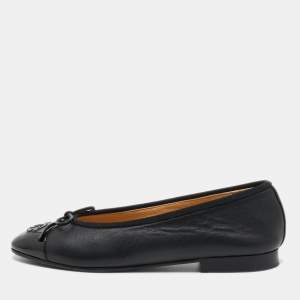 Chanel Black Leather and Patent CC Cap Tow Bow Ballet Flats Size 36