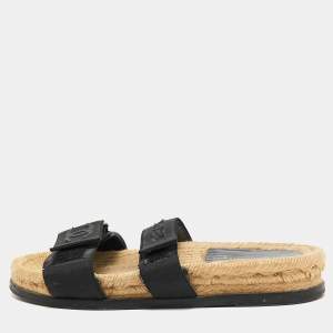 Chanel Black Leather And Canvas CC Velcro Espadrille Flat Sandals Size 37