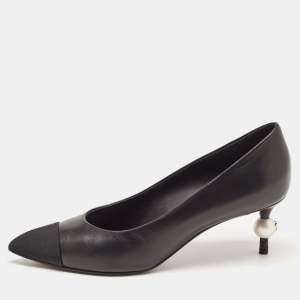 Chanel Black Leather and Canvas CC Pointed Toe Pumps Size 36