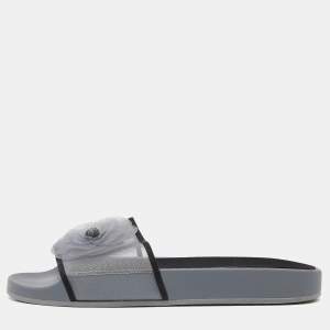 Chanel Grey/Black Mesh Camellia Slide Flat Sandals Size 39