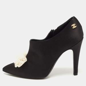 Chanel Black Satin CC Bow Pointed Toe Booties Size 36
