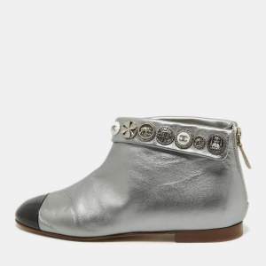 Chanel Silver/Black Leather Studded Ankle Boots Size 36