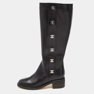 Chanel Black Leather CC Turn Lock Knee High Boots Size 39