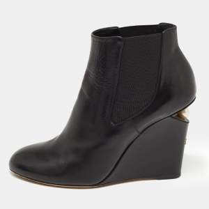 Chanel Black Leather Round Toe Pearl Embellished CC Wedge Boots Size 38