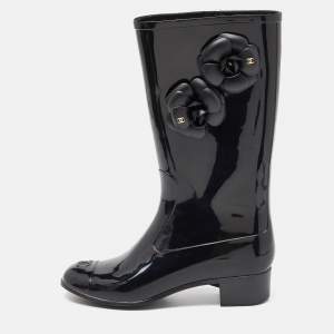 Chanel Black Rubber CC Camellia Rain Boots Size 38