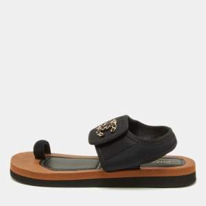 Pre Owned Chanel Black Fabric CC Chain Link Toe Ring Flat Sandals Size 40 