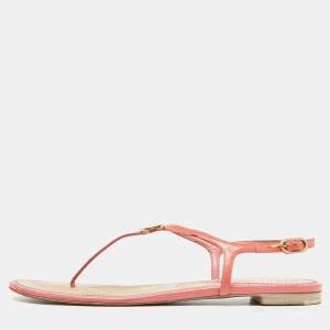 Chanel Orange Patent Leather T-Strap Flat Thong Sandals Size 39