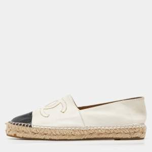 Chanel Off White/Black Leather CC Espadrille Flats Size 38
