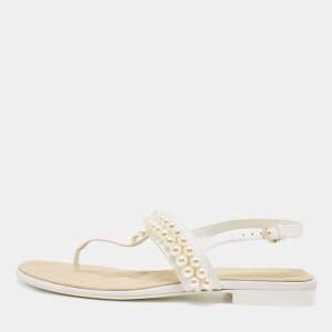 Chanel White Canvas Interlocking CC Thong Sandals Size 39 