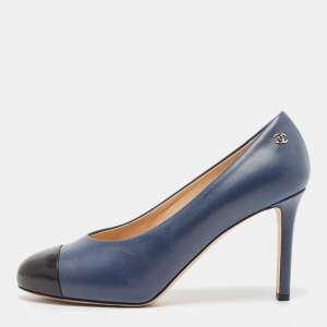 Pre Owned Chanel Navy Blue Leather Cap Toe Pumps Size 37.5