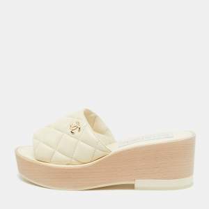 Chanel Cream Quilted Leather Slide Platform Sandals Size 37