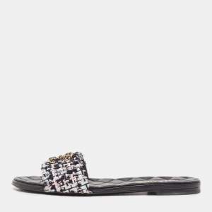 Chanel Multicolor Tweed Interlocking CC Logo Flat Slides Size 38.5