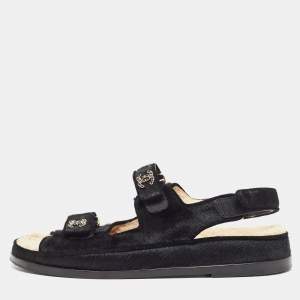 Chanel Black Calf Hair Dad Embellished CC Slingback Flat Sandals Size 42