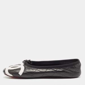 Pre Owned Chanel Black Quilted Leather Cambon Bow Ballet Flats Size 39
