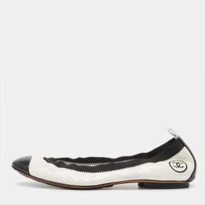 Chanel White/Black Patent Scrunch Ballet Flats Size 39.5