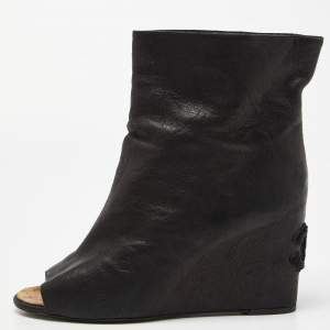 Chanel Black Leather Peep Toe Wedge Ankle Boots Size 41