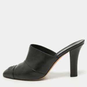 Chanel Black Leather CC Mules Size 41.5 