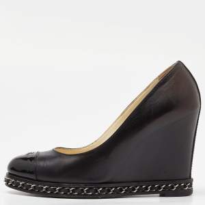 Pre Owned Chanel Black Leather and Patent Leather CC Cap Toe Chain Embellished Wedge Pumps Size 35