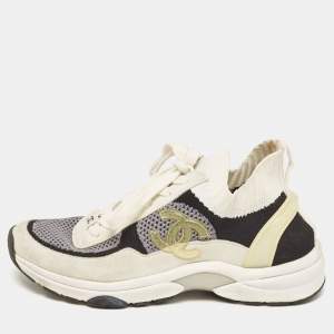Pre Owned Chanel Multicolor Knit Fabric And Suede CC Low Top Sneakers Size 35.5