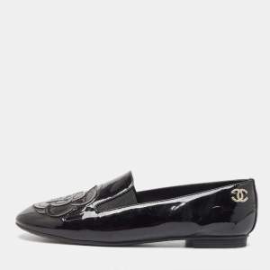 Chanel Black Patent Leather CC Camellia Loafers Size 38