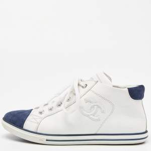 Chanel White/Blue Leather and Suede Lace Up High Top Sneakers Size 36