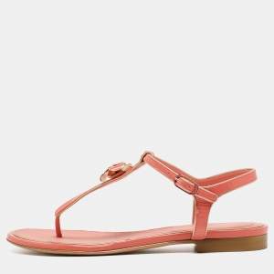 Chanel Coral Pink Patent CC Camellia Pearl Ankle Strap Flat Sandals Size 40