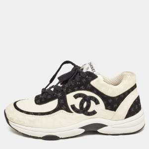 Chanel Cream/Black Suede CC Low Top Sneakers Size 39