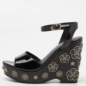 Chanel Black Patent Leather Camellia Embellished Open Toe Wedge Sandals Size 36